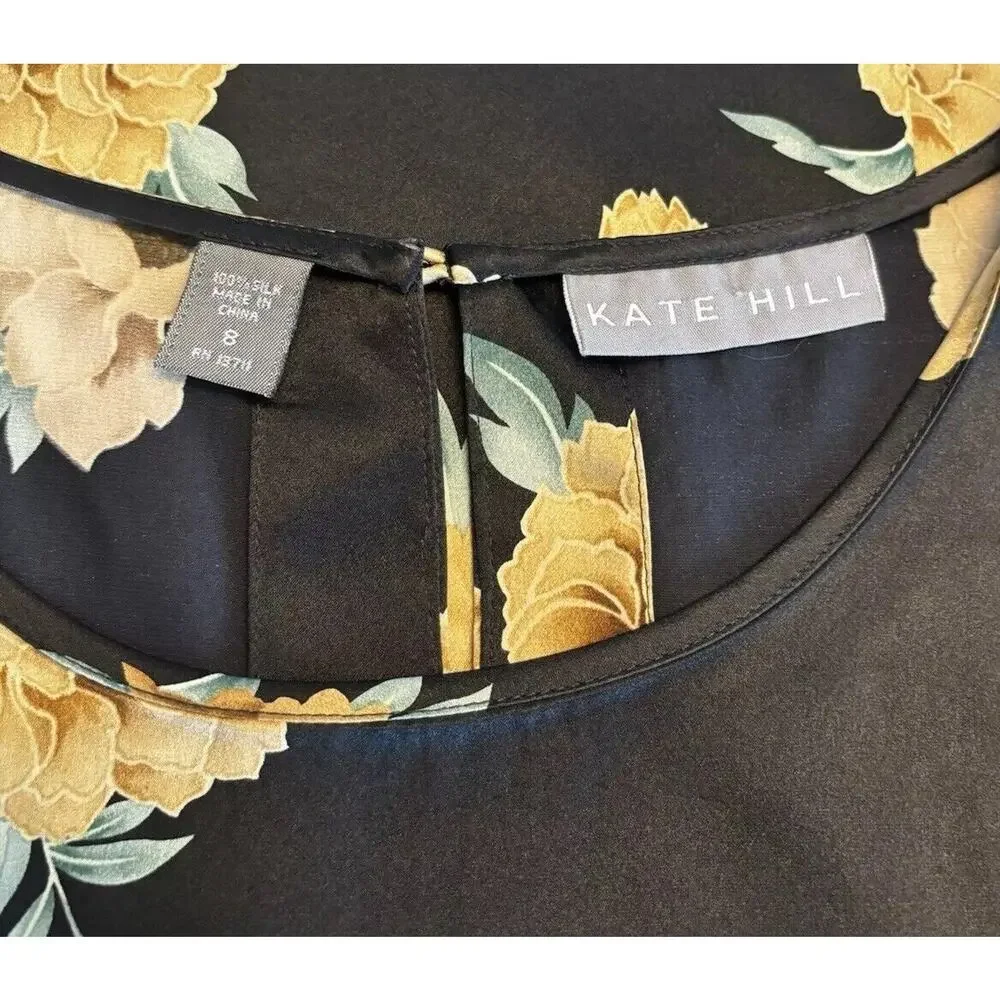Kate Hill Silk Top Satin Black Tank Sleeveless Size 8 Floral Roses